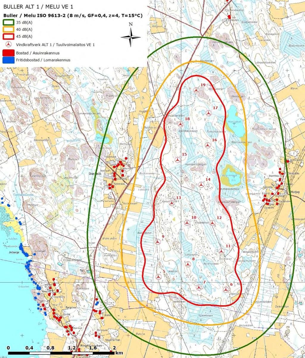 SVEVIND OY AB SANDBACKA VINDKRAFTSPARK 80 (224) Figur 12-2. Bosättningen och fritidsbosättningen i förhållande till bullerspridningen i projektalternativ 1.