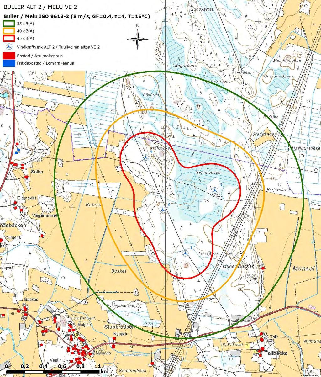 SVEVIND OY AB SANDBACKA VINDKRAFTSPARK 83 (224) Figur 12-4. Bosättningen och fritidsbosättningen i förhållande till bullerspridningen i projektalternativ 2.