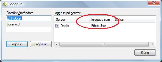 I serverlistan visas namnet på den inloggade användaren på respektive Ethiris Server, se Figur 2.