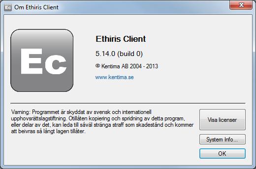 För tillfället innehåller Hjälpmenyn två alternativ plus eventuellt 5 manualer. Den som installerar Ethiris kan välja om manualerna ska installeras som pdffiler.