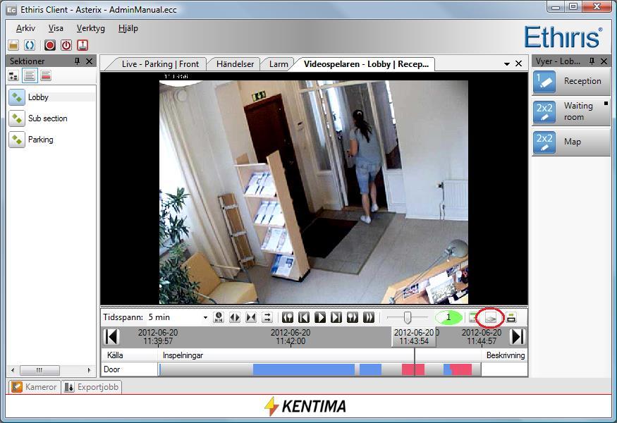 Ethiris Client Videospelaren Client Användarguide Man kan stänga av denna visning genom att växla läge på knappen Visa/dölj överlagring på kameror, se inringad knapp i Figur 2.