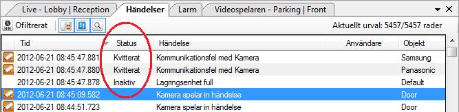 Ethiris Client Larm Client Användarguide Figur 2.122 Händelselistan innehåller samtliga statusförändringar för larm. Larmlistans verktygsfält Överst i larmlistan finns ett verktygsfält. Figur 2.123 Verktygsfältet i larmlistan.