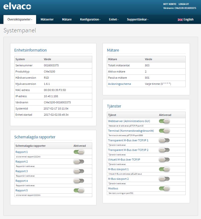 Systempanelen, som innehåller information om enheten, aktiva/passiva mätare, schemalagda rapporter och andra tjänster.