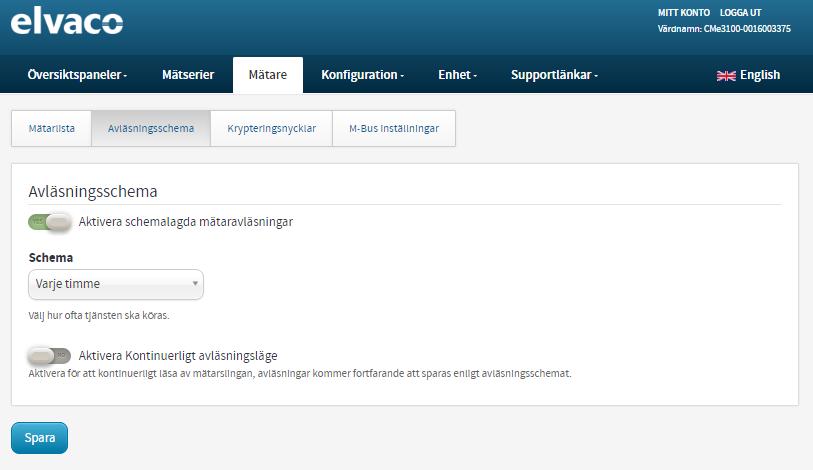 6.23.1 Aktivera Kontinuerligt avläsningsläge För att aktivera Kontinuerligt avläsningsläge: Gå till Mätare > Avläsningsschema. Tryck på Aktivera Kontinuerligt avläsningsläge. Tryck på Spara.