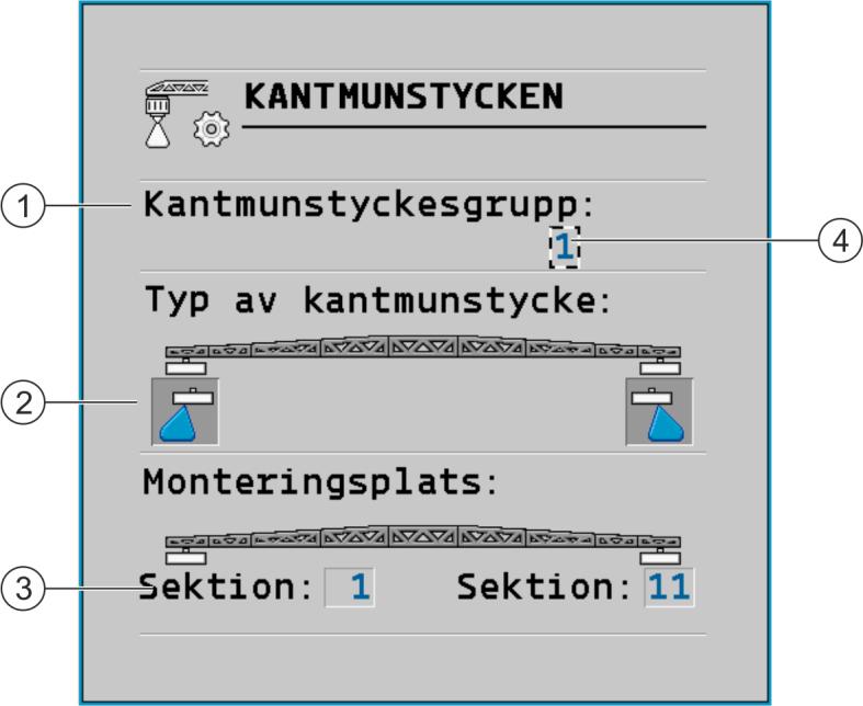 Konfigurera jobbdatorn Kantmunstycken 7 7.9 Kantmunstycken Kantmunstycken kallar vi munstycken som har en annan sprutbild än de övriga munstyckena på bommarna.