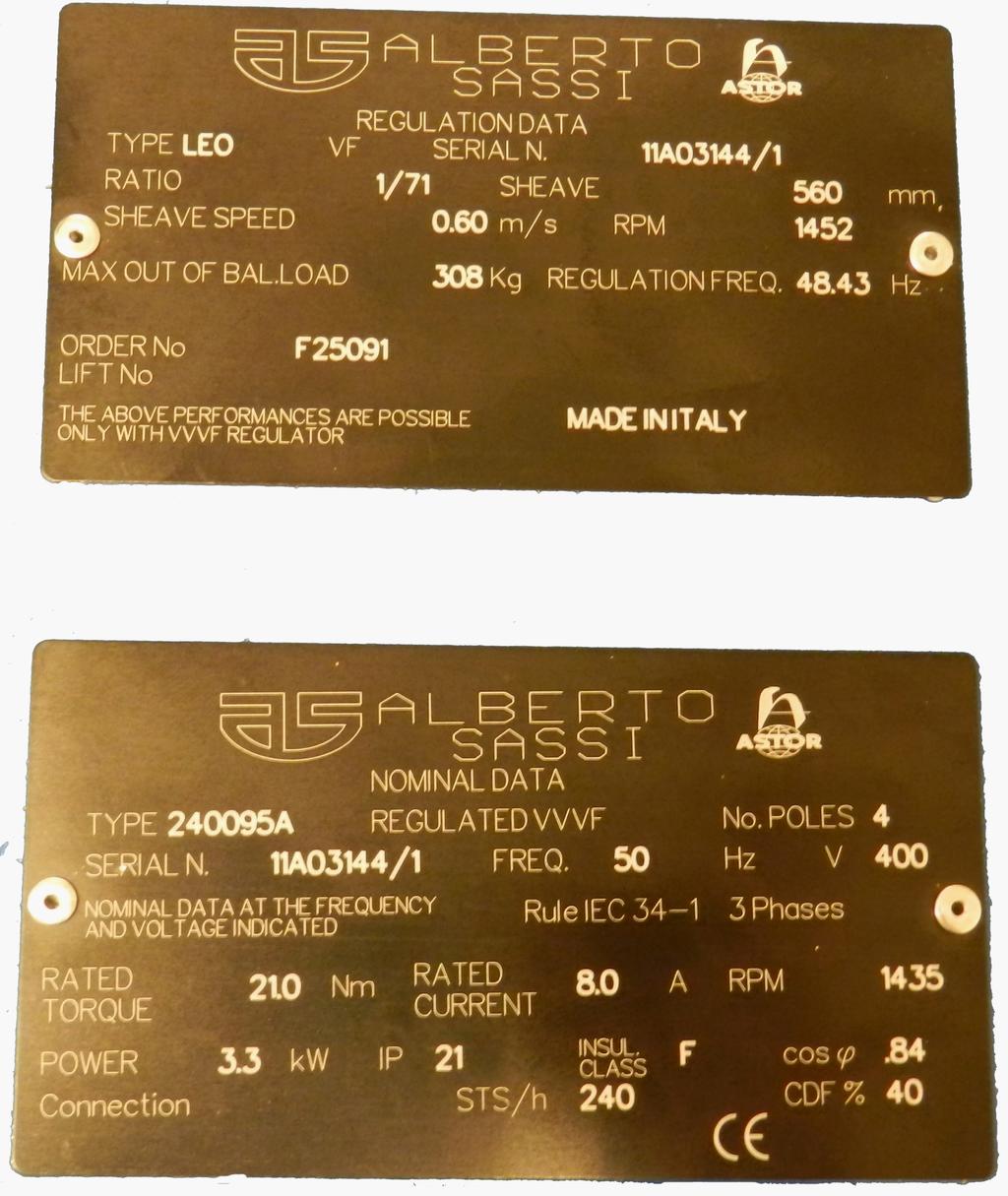 Hisstema System NP- Synkron motor (Servo / Gearless) Om du har TVÅ märkskyltar läser du värdena från NOMINAL DATA.