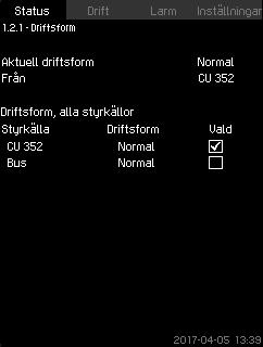 Displaybilden används för att öppna displaybilderna: Driftsform Börvärde Börvärdesinfluens Uppmätta värden Analoga ingångar Loggförd kurva Batteristatus. Fig.
