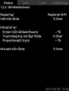 Svenska (SE) 8.4.4 Börvärde (1.2.2) 8.4.6 Uppmätta värden (1.2.4) Fig. 17 Börvärde Displaybilden visar det inställda börvärdet och om det kommer från CU 352 eller en extern bus.