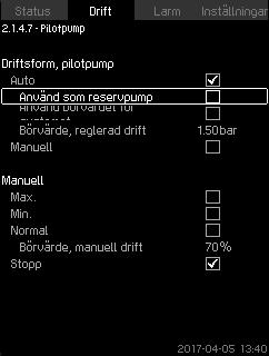 Svenska (SE) 8.5.6 Pump 1-6 (2.1.4.1-2.1.4.6) 8.5.7 Pilotpumpstyrning(2.1.4.7) Fig. 36 Pump 1-6 Displaybilden visas för de enskilda pumparna och medger inställning av driftsformen.