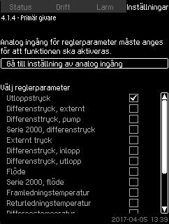 Ställ in förhållandet genom att ange värden i en tabell med högst åtta punkter med hjälp av manöverpanelen. Exempel: Börvärdespåverkan [%] 100 80 60 40 20 1 2 50 Flöde [m 3 /h] Fig.