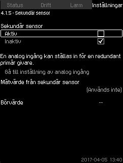 8.7.8 Sekundär sensor (4.1.5) Med här funktionen kan börvärden samt datum och klockslag då de ska aktiveras ställas in. Det går också att ange datum och klockslag då systemet ska stoppas.