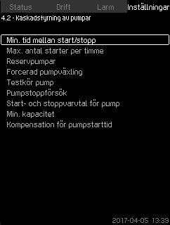 Svenska (SE) 8.7.13 Kaskadstyrning av pumpar (4.2) 8.7.15 Max. antal starter per timme (4.2.1) Fig.