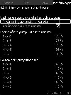 8.7.20 Start- och stoppvarvtal för pump (4.2.8) Funktionen styr start och stopp av pumpar. Två alternativ finns: 1.
