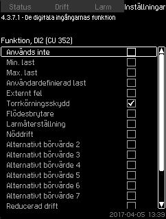 8.7.28 De digitala ingångarnas funktion (4.3.7.1) Digital ingång DI1 (CU 352) [10] DI2 (CU 352) [12] Funktion Externt start/stopp. Öppen kontakt = stopp. Obs! Ingång 1 kan inte ändras.