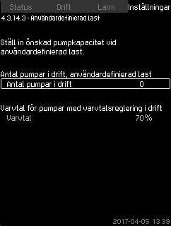 Svenska (SE) 8.7.40 Användardefinierad last (4.3.14.3) 8.7.41 Kurvdata för pump (4.3.19) Fig. 93 Användardefinierad last Användardefinierad kapacitet kan ställas in, normalt mellan min. och max. last. Funktionen används för att ställa in en pumpkapacitet genom att välja antal pumpar som ska arbeta samt varvtal för pumpar med variabelt varvtal.