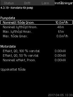 Varvtal som procentsats för pumpar med variabelt varvtal. Obs! För system med enbart pumpar med variabelt varvtal kan varvtalet ställas in mellan 25 och 100 %.
