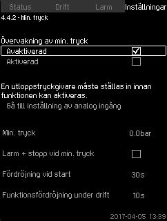 8.7.53 Min. tryck (4.4.2) 8.7.54 Max. tryck (4.4.3) Svenska (SE) Fig. 110Min. tryck I tryckstegringsapplikationer övervakas utloppstrycket. I alla andra applikationer övervakas systemtrycket.