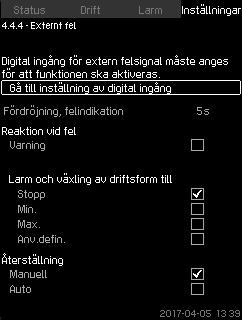 Svenska (SE) 8.7.55 Externt fel (4.4.4) 8.7.56 Nivå 1 överskriden (4.4.5-4.4.6) Fig. 112Externt fel Funktionen används om CU 352 ska kunna ta emot en felsignal från en extern kontakt.