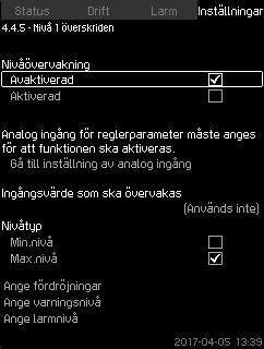 Inställning av tidsfördröjning från att kontakten sluts tills CU 352 reagerar. Respons vid externt fel: Varning eller larm och växling av driftsform. Återstart efter larm: Manuell eller Auto.