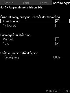 8.7.57 Pumpar utanför driftsområde (4.4.7) Analoga ingångar måste vara korrekt inställda innan funktionen aktiveras. Se avsnitt 8.7.29 Analoga ingångar (4.3.8).