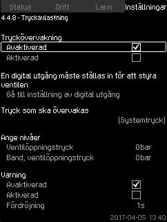 Svenska (SE) 8.7.58 Tryckavlastning (4.4.8) Fig. 115Tryckavlastning Syftet med funktionen är att minska trycket i rörsystemet genom att öppna en magnetventil om trycket överskrider inställt värde.