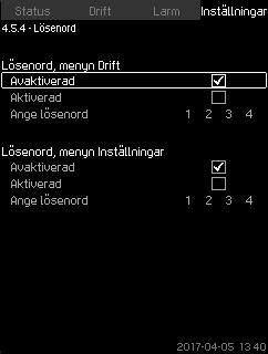 Svenska (SE) 8.7.65 Datum och klockslag (4.5.3) 8.7.66 Lösenord (4.5.4) Fig. 124Datum och klockslag Det går att ställa in datum och klockslag samt i vilket format de ska visas på displayen.