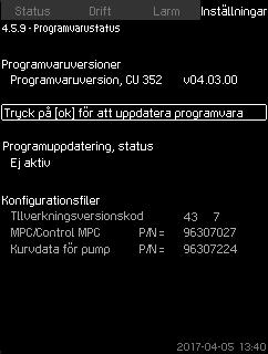 8.7.68 GENIbus-nummer (4.5.6) 8.7.70 Statusmeny (4.6) Svenska (SE) Fig. 127GENIbus-nummer CU 352 kan kommunicera med externa enheter via ett seriellt RS-485-gränssnitt (tillval).
