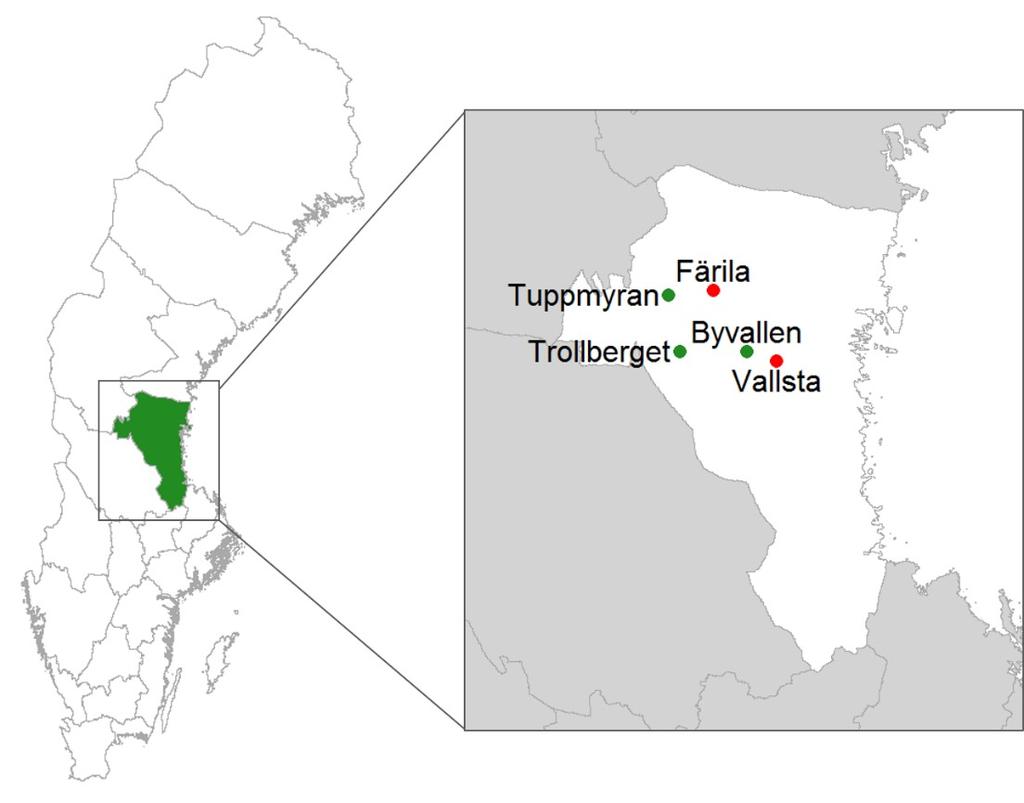 Figur 2. Karta över trakterna Byvallen, Trollberget och Tuppmyran (grön) i Gävleborgs län (Hälsingland och Gästrikland).