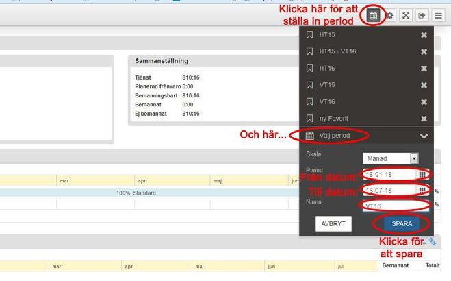 FIGUR 3 Ställa in period och periodbokmärken För att se alla kurser under höstterminen 2017 måste du ställa in kalenderperiod 2017-07-17 till 2018-01-14.