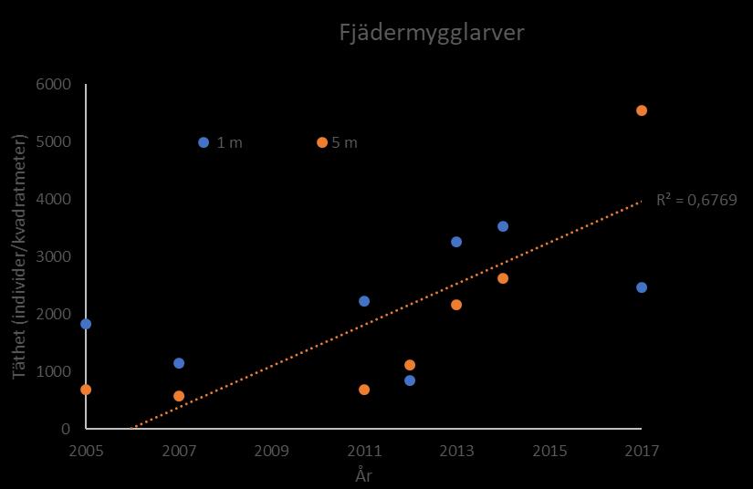 Figur 6. Tätheten av den dominerande gruppen bottenfauna (fjädermygglarver, viktig föda för fisk som söker föda på botten) vid två olika djup under perioden 2005-2017.