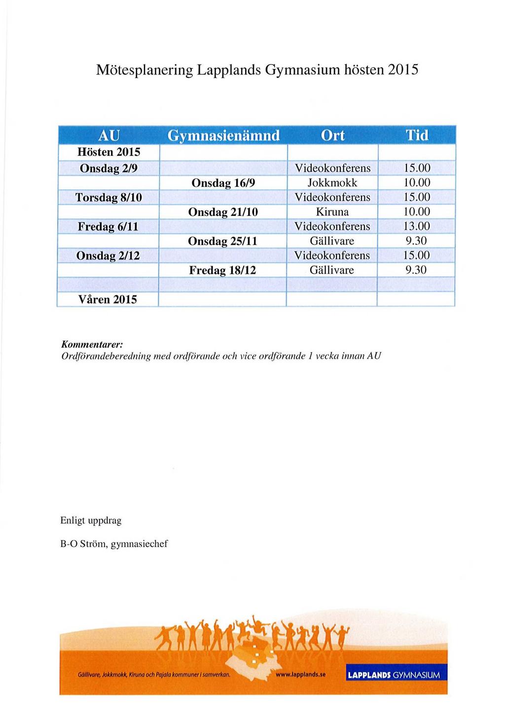 Mötesplanering Lapplands Gymnasium hösten 2015 AU Gymnasienämnd Ort Tid Hösten 2015 Onsdag 2/9 Videokonferens 15.00 Onsdag 16/9 Jokkmokk 10.00 Torsdag 8/10 Videokonferens 15.00 Onsdag 21/10 Kiruna 10.