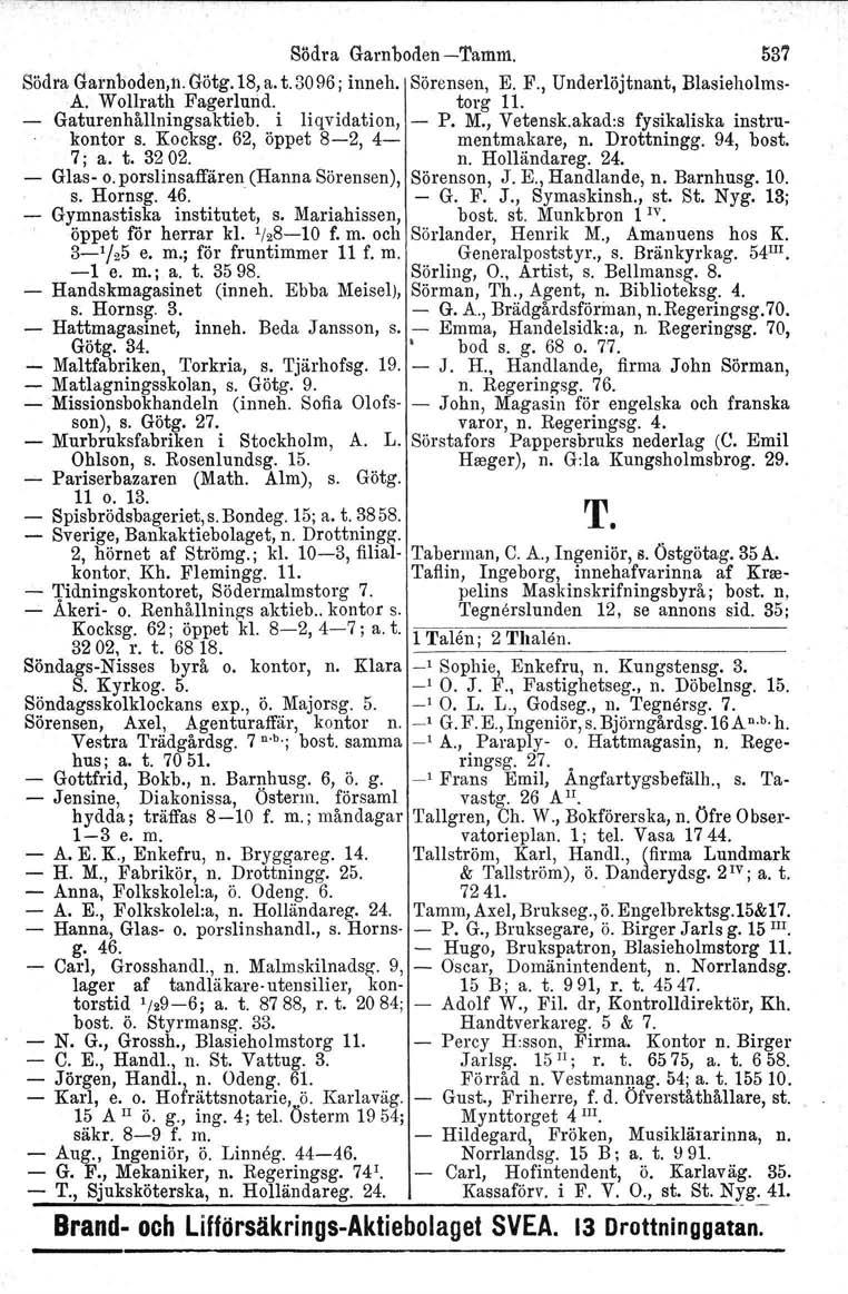 Söd.ra Garnboden-Tamm. 537 Södra Garn boden,n. Götg. 18, a. t. 30 96; inneh, Sörensen, E. F., Underlöjtnant, Blasieholms- A. Wollrath Fagerlund. torg 11. - Gaturenhållningsaktieb. i liqvidation, - P.