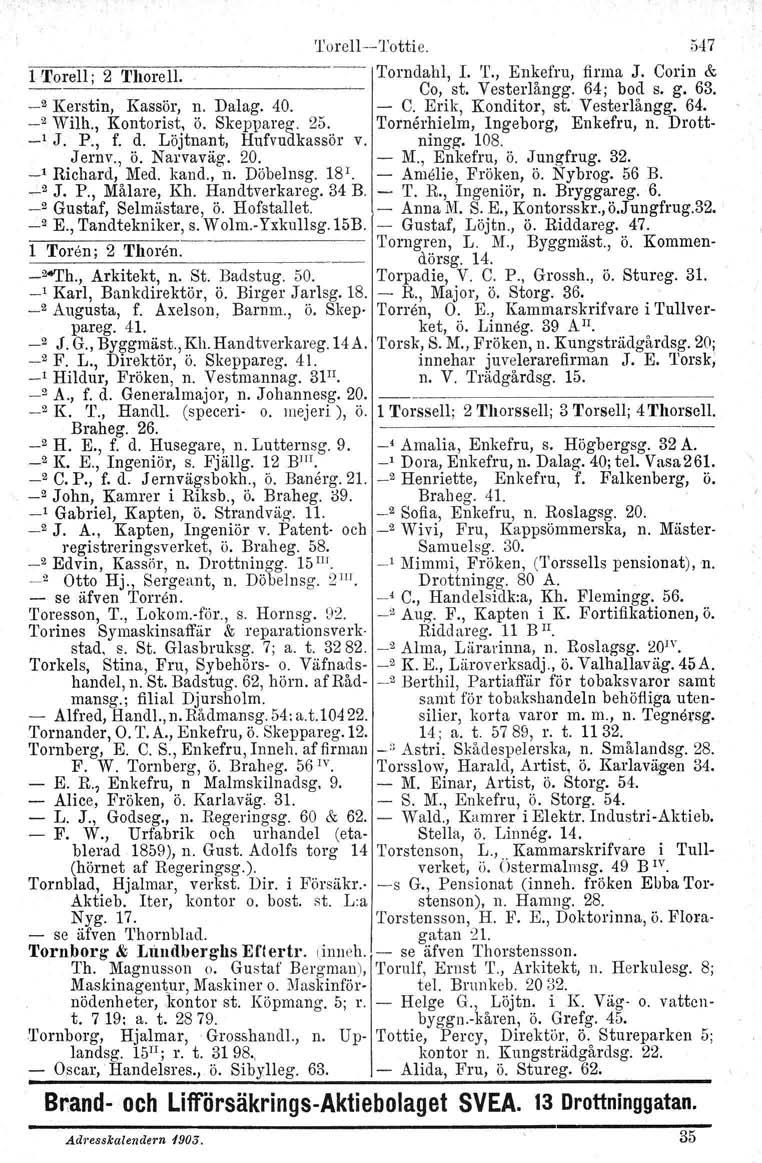 'l'orell--tottie. 547 1!.rorell; 2 '1'110rell. Torndahl, L 'r., Enkefru, firma J. Corin & I Co, st. Vesterlångg. 64; bod s. g. 63. _2 Kerstin, Kassör, n. Dalag. 40. - C. Erik, Konditor, st.