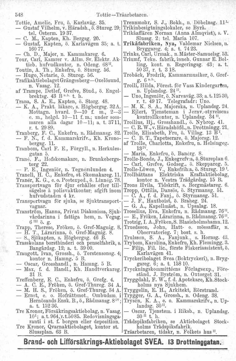 548 'l'ottie-c-träarbetaren. Tottie, Amelie, Fru, ö. Karlaväg. 35. Trennmohr, S. J., Bokh., n. Döbelnsg.,l1 l. - GustafVilhelm, v. Häradsh., ö. Stureg. 29; Trikinbesigtningslokaler, se Byrå. tel.