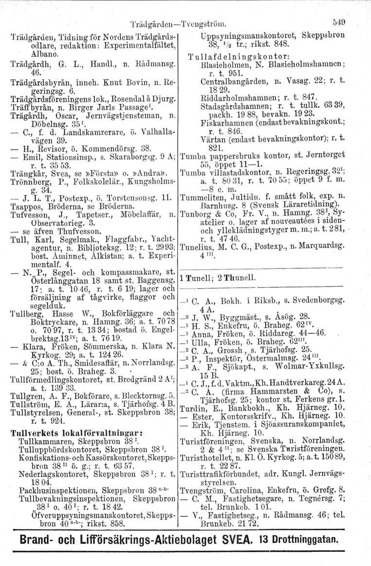 'l'rädgårdou-c-'l'vcugströrn. 54-0 Trädgården, Tidning för N ordens Trädgårds- Uppsyningsmanskontoret, Skeppsbron odlare, redaktion; Experimentalfältet, 38, 1/2 tr.; rikst, 848. r n ~lbano.