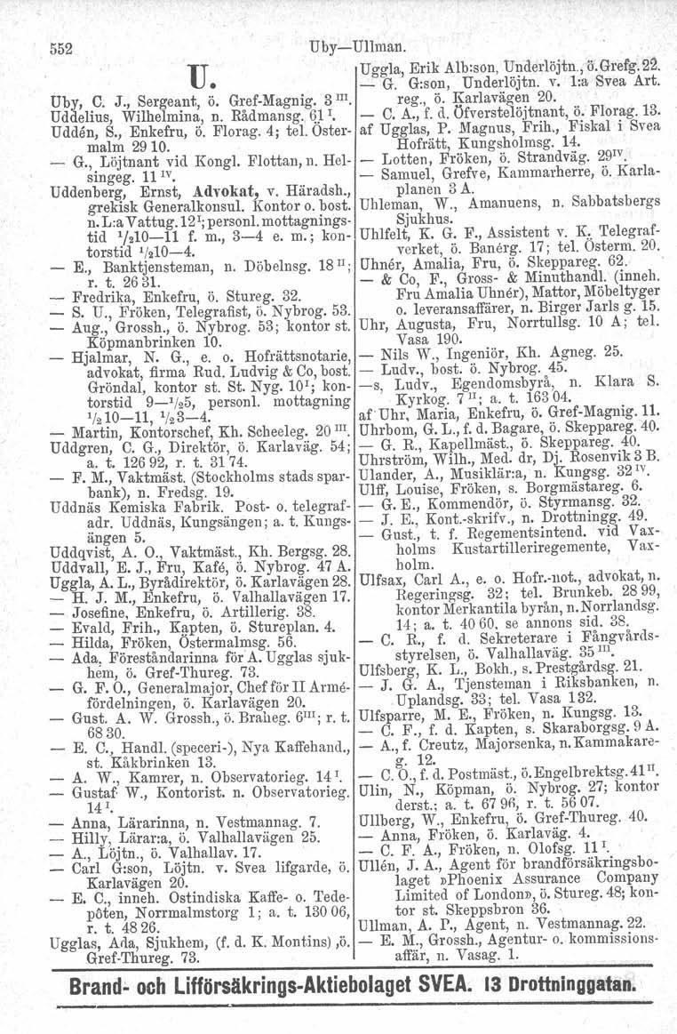 552 Uby-Ullman. Uggla, Erik Alb:son, Underlöjtn., ö.grefg, 2~. U _ G. G:son, Underlöjtn. v. l:a Svea Art. Uby, C. J., Sergeant, ö. Gref-Magnig. 3 III. reg., Ö. Karlavägen 20. Uda~lius, Wilhelmina, n.