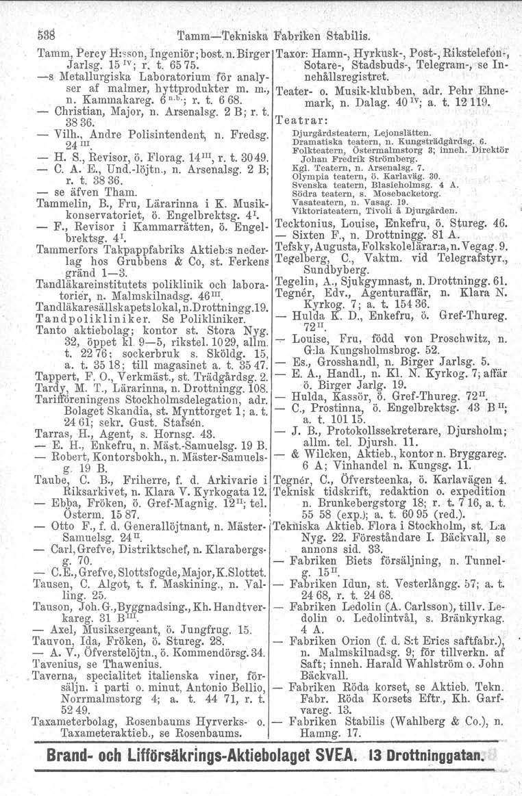 538 'I'amm-:'l'eknisk!l: Fabriken Stabilis. Tamm, Percy Hrsson, Ingeniör; bost. n. Birger Taxor: Hamn-, Hyrkusk-, Posto, Rikstelefon" J arlsg. 15 IV; r. t. 6575.