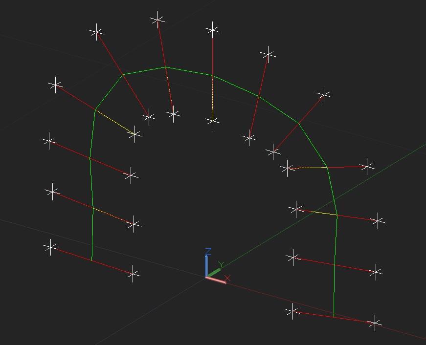 Den sorterade datan från bultriggarna ritades även denna in i auto-cad. Den.scr-filen som gjorts öppnades i autocad och även här drogs linjer mellan punkterna.