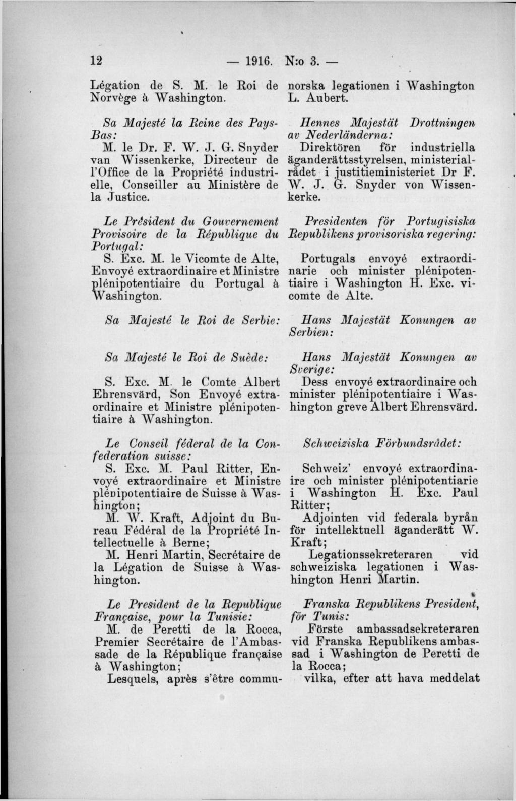 Légation (le S. M. le Roi de Norvége å W ashington. Le President de la Republique Francaise, pour la Tunisie: M.