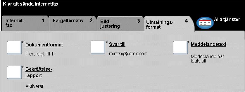 Utmatningsformat Internetfax Använd denna funktion för att tillfälligt ändra inställningarna för den avlästa bilden. Tryck på någon av knapparna i toppnivån för att välja en funktion.