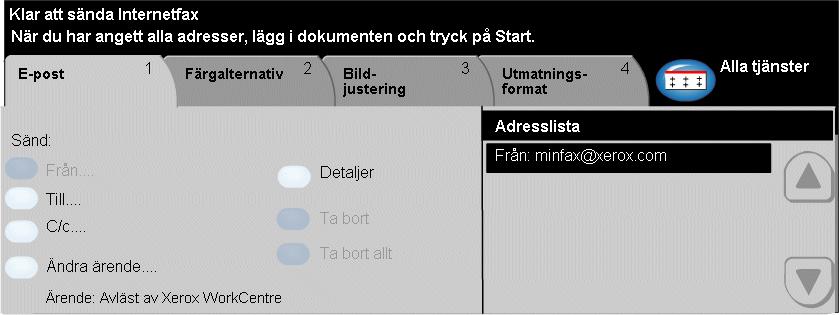 E-post E-post... FunktionenE-post är en tillvalsfunktion på WorkCentre Pro. Den är inte tillgänglig på CopyCentre. Detta kapitel innehåller information om alternativen som är tillgängliga i E-post.