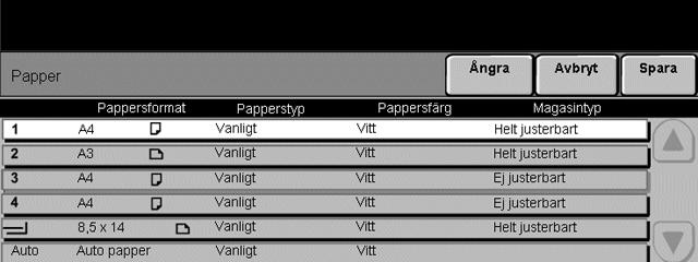 Kopiering Papper Använd alternativet Papper för att välja Auto papper eller ett pappersmagasin för kopian. Stordior kan endast matas från magasin 1 eller det manuella magasinet.