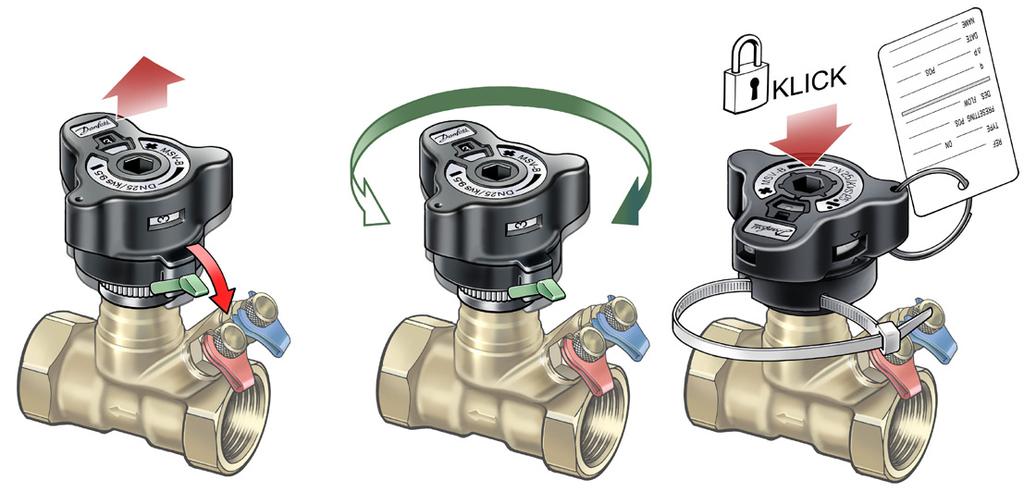 och låsning 2 2 3 4 1 5 Ventilen har en inbyggd förinställningsfunktion för precisa flödesinställningar. av önskat flöde görs i 5 steg: 1.