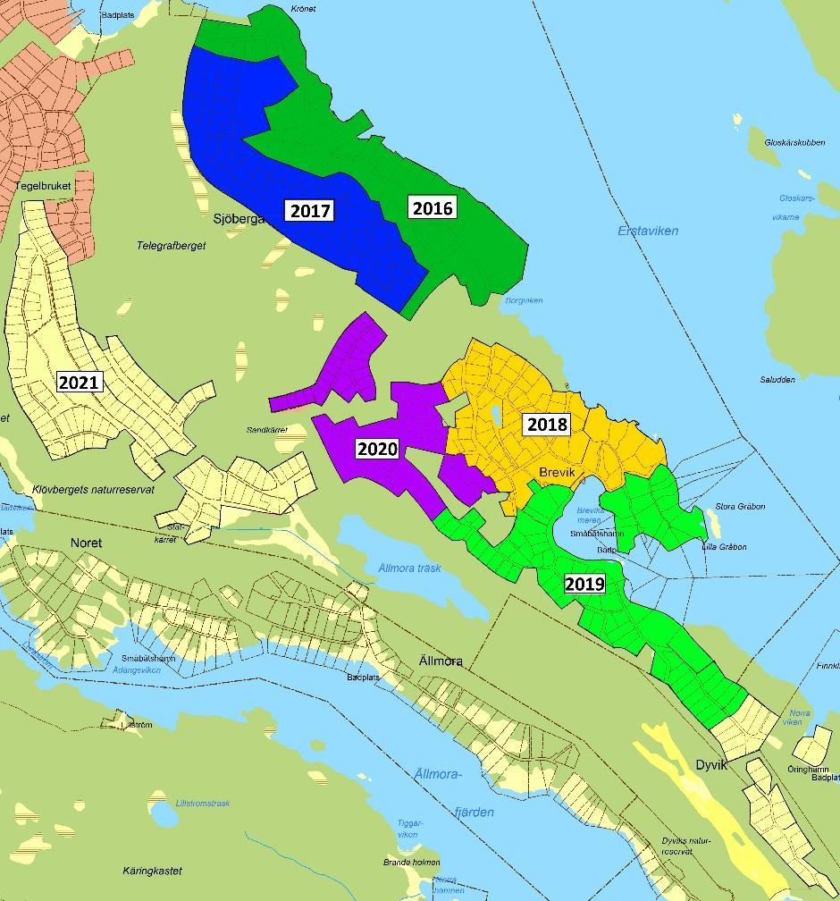 Tillsyn 2016-2021 Ca 650 fastigheter År Område Tot antal fastigheter 2016- Sjöberga 2017 2018 Området kring Breviksmaren och Erstaviken 2019 Breviksmarsområdet och nedåt