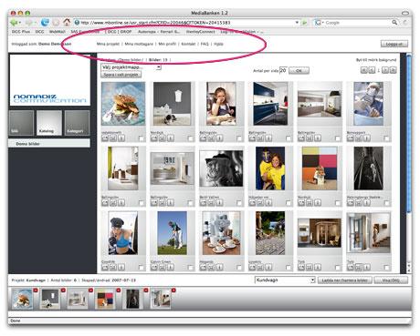 ÖVRE MENYN Här finns länkar till funktioner som underlättar användandet: Mina projekt - Du kan skapa projekt för att samla filer/bilder som du inte vill ladda hem eller skicka för tillfället.