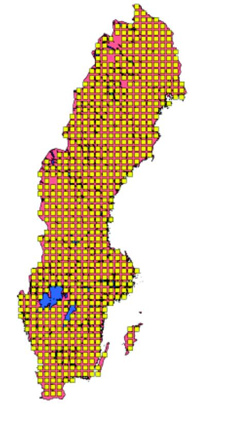 Figur. Den systematiska frdelningen av standardrutter (gula rutor) ver Sverige (till vänster). Exempel på en standardrutt i fjällmilj (rd ruta, till hger).