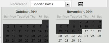 Specific dates: Klicka i de dagar som är aktuella i kalendern som finns till höger. Välj starttid, sluttid och bocka i rutan 60-min time slot. Entire qurter: Aktuellt kvartal markeras.
