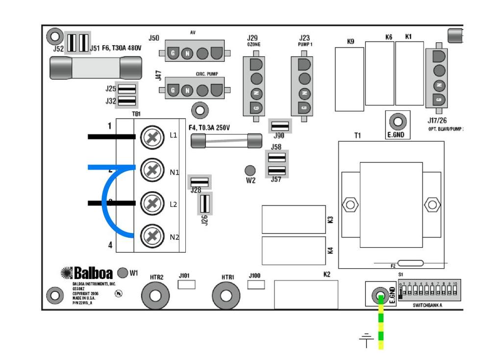 Bad med spapack GS500 Ansluts med 230V, 2x16A eller 1 x 16A GS500: anslutning 2x16A (rekommenderas) En fyr ledare, 4x2,5m², dras från separat säkring och jordfelsbrytare till spabadet.