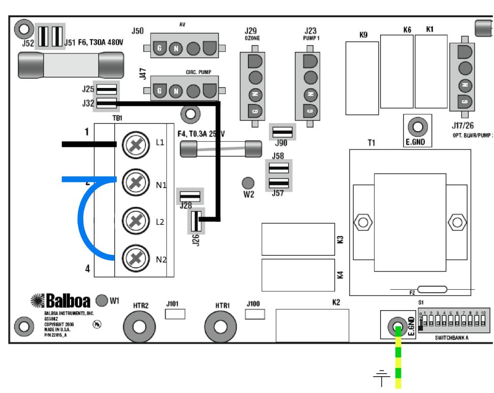 GS500: 1x16A (endast när 2 x 16 inte är möjligt) En tre ledare, 3x2,5m², dras från separat säkring och jordfelsbrytare till spabadet.