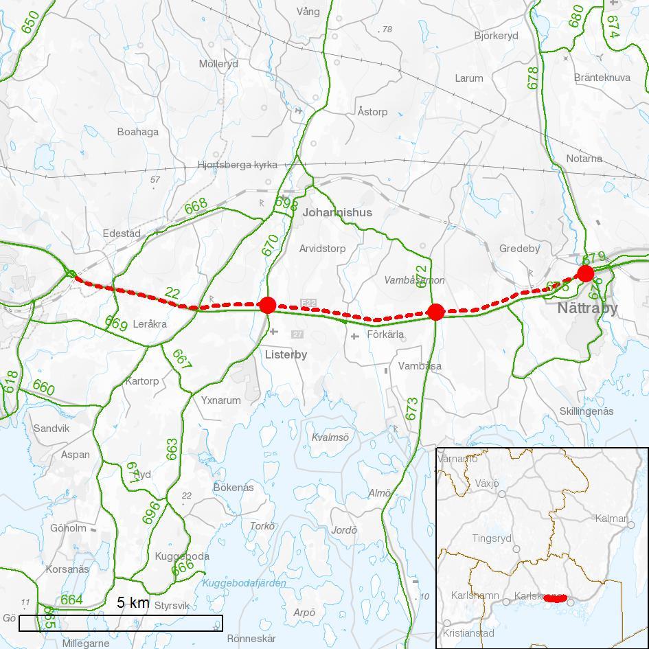 E22 Ronneby Ö - Nättraby, VSO008 1. Beskrivning av åtgärden Nuläge och brister: E22 är en viktig nationell väg som sammanbinder att stort antal orter längs kusten i sydöstra Sverige.